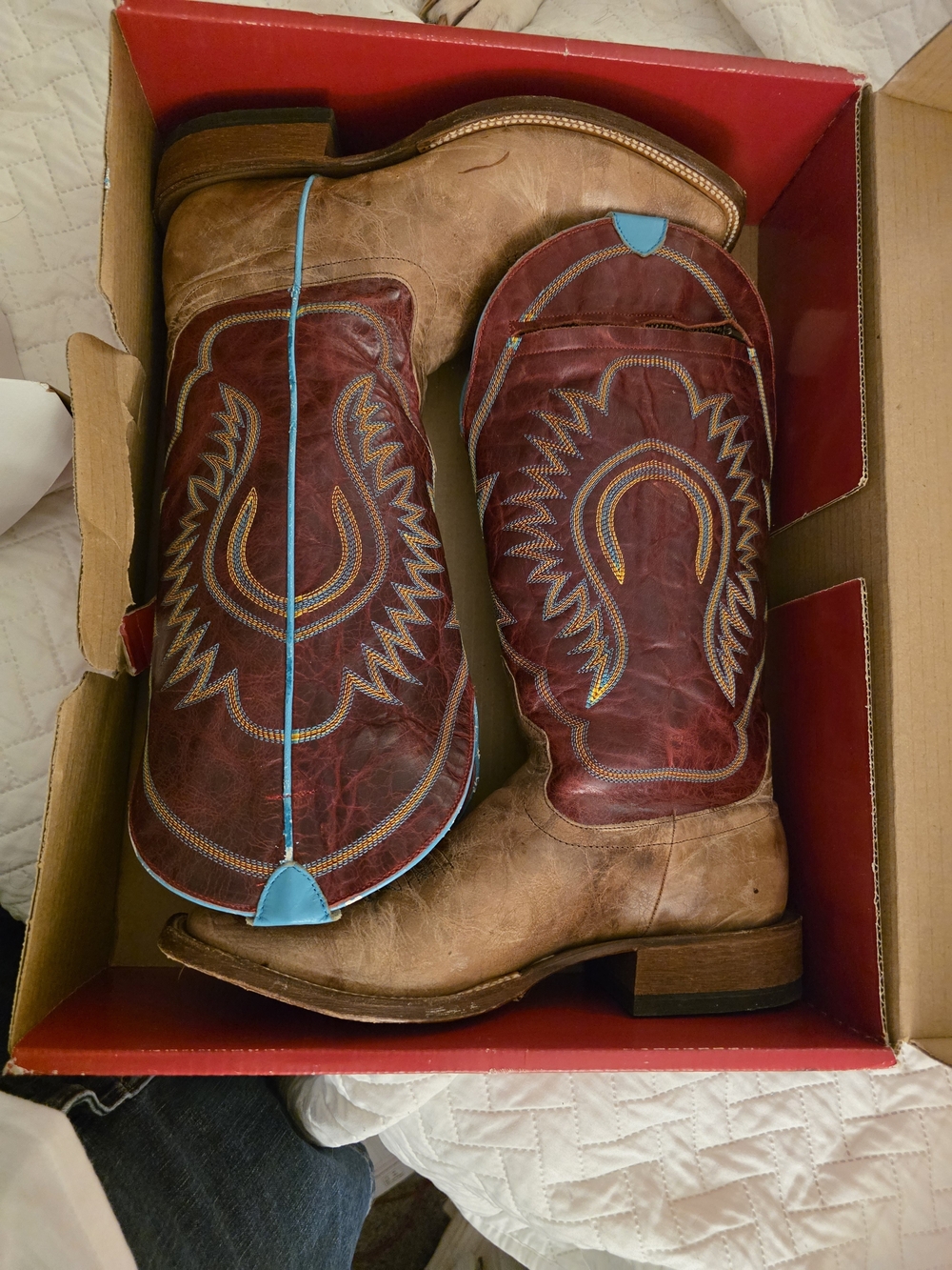 Macie Bean Burgundy and Brown Cowboy Boots with Turquoise Accents